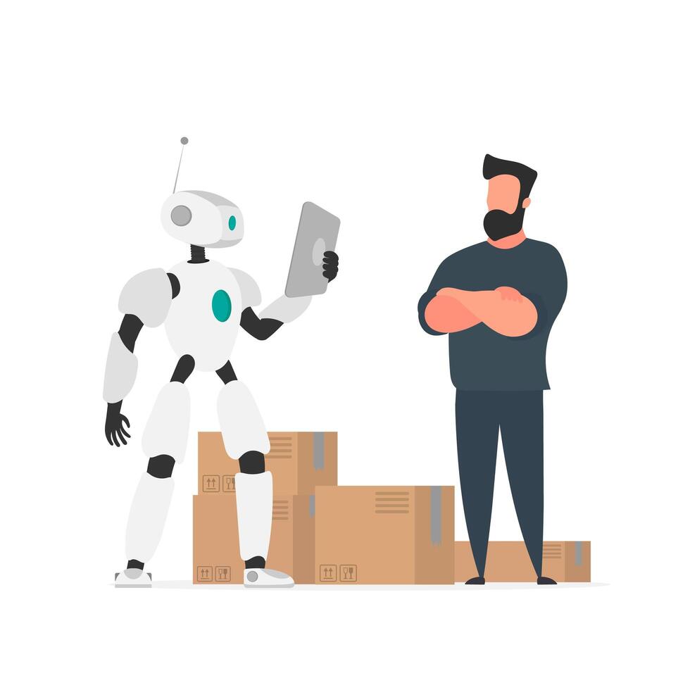 A robot with a tablet checks the goods. Robot with cardboard boxes. The concept of deliver and industry of the future. Isolated. . vector