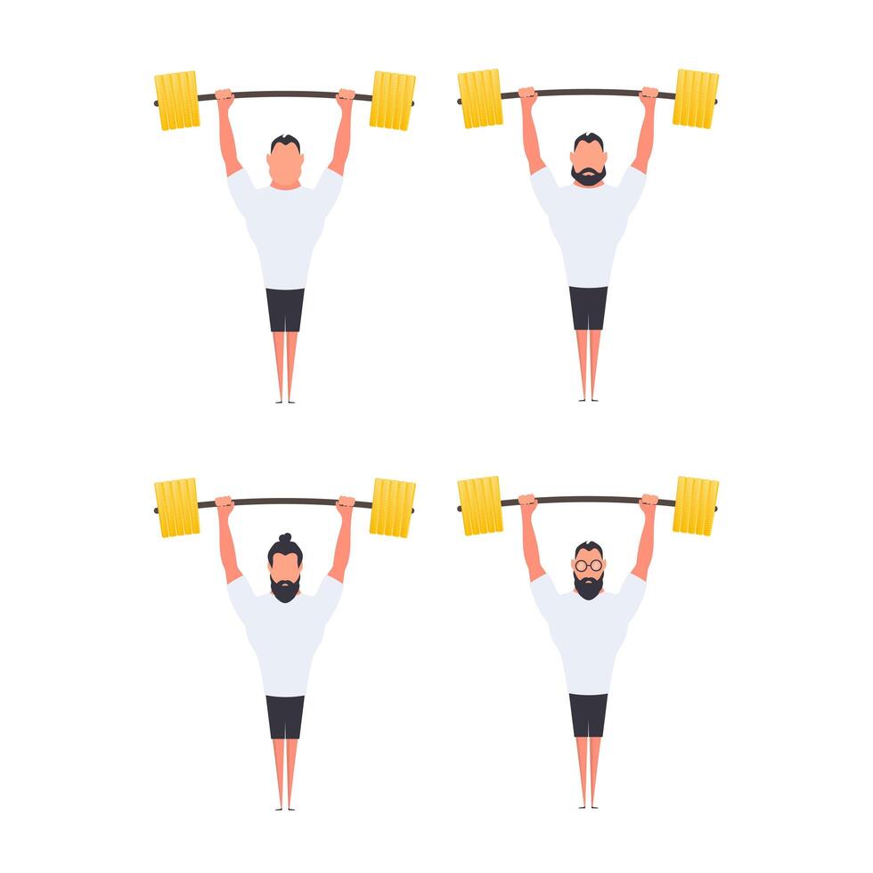 Athletes with raised barbells. Athlete Strong man set Isolated. Vector. vector