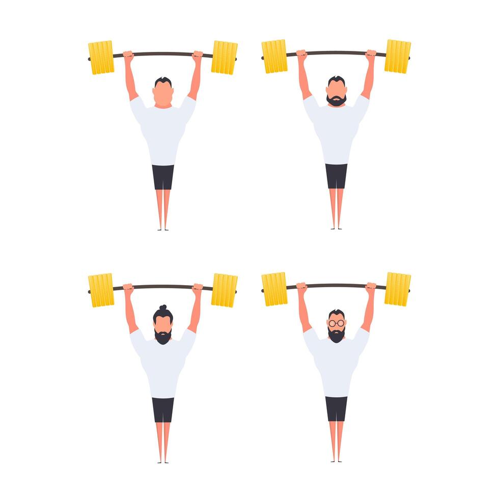 atletas con pesas levantadas. atleta hombre fuerte conjunto aislado. vector. vector