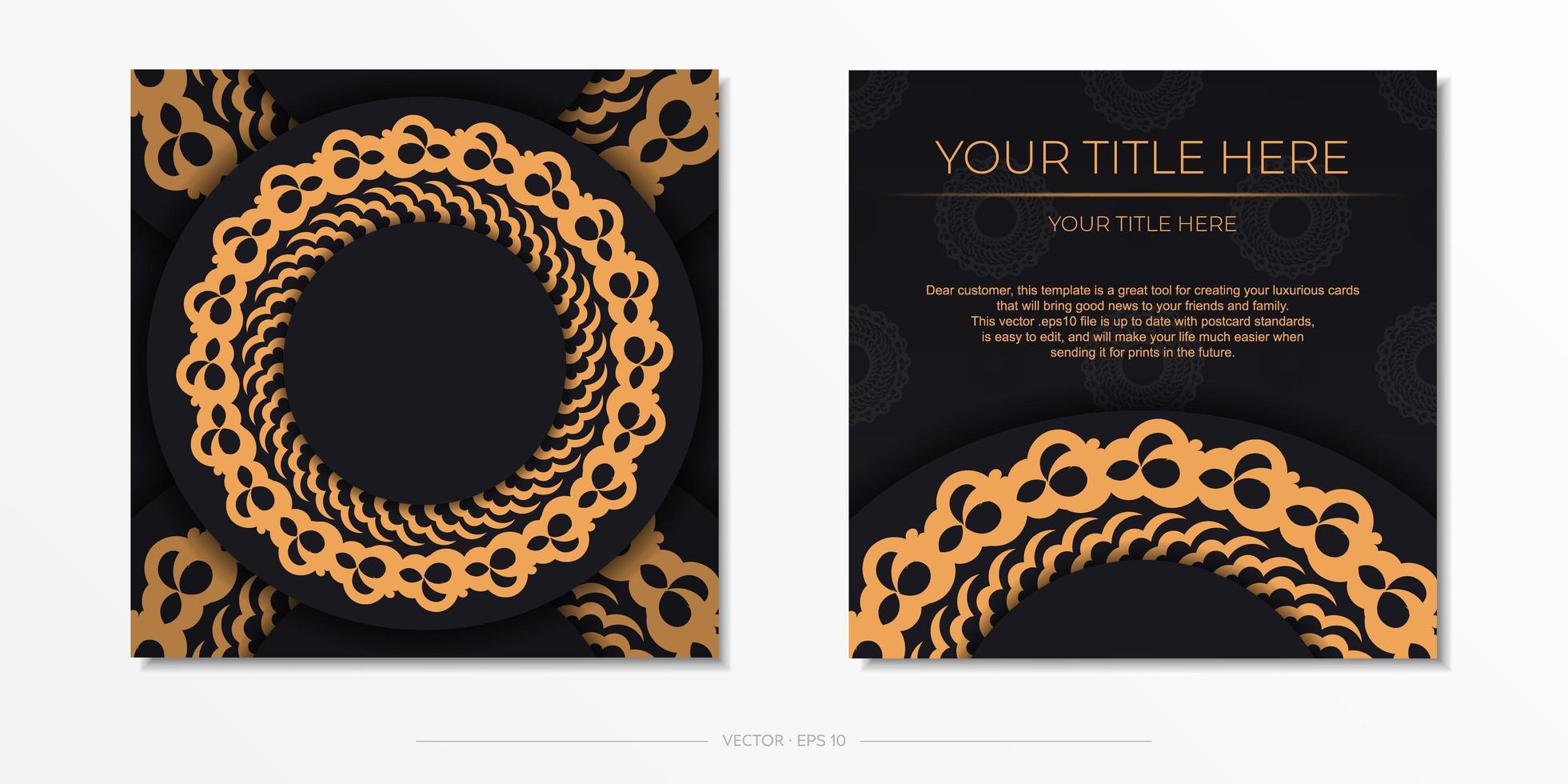 plantilla de postal de oro negro oscuro con adorno de mandala indio blanco. elementos elegantes y clásicos listos para impresión y tipografía. ilustración vectorial vector