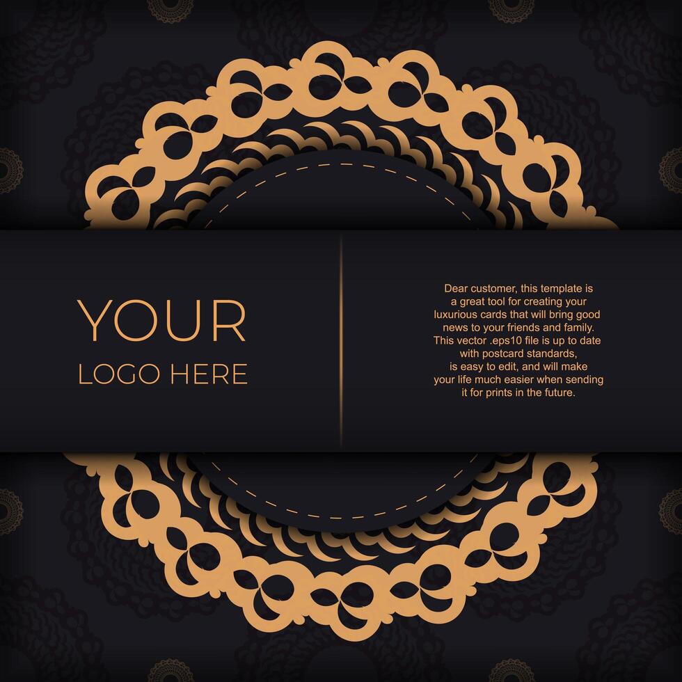 Dark black gold postcard template with white abstract ornament. Elegant and classic elements ready for print and typography. vector