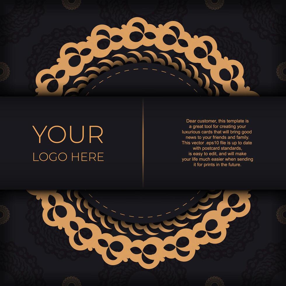 Dark black gold postcard template with white abstract ornament. Elegant and classic vector elements ready for print and typography.