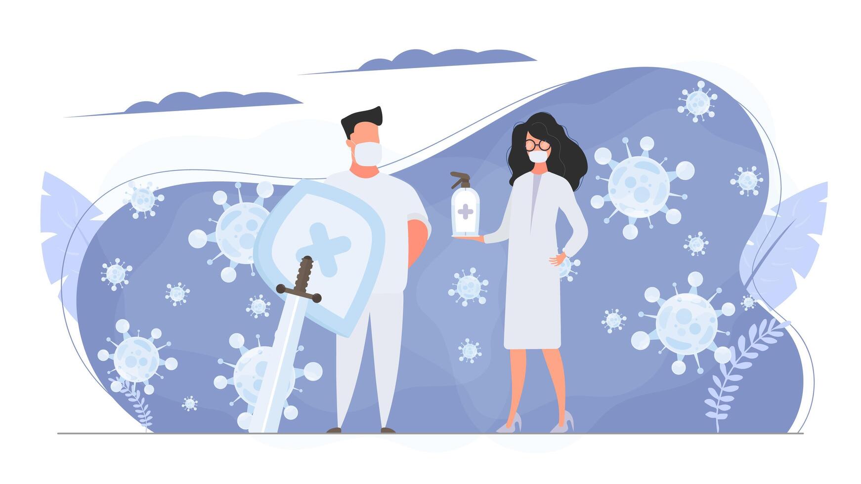 Girl doctor holds a sanitizer in her hands. Medical woman in a white coat. A drop with a sword and shield surrounded by virus molecules. Disinfectant in flat style. vector