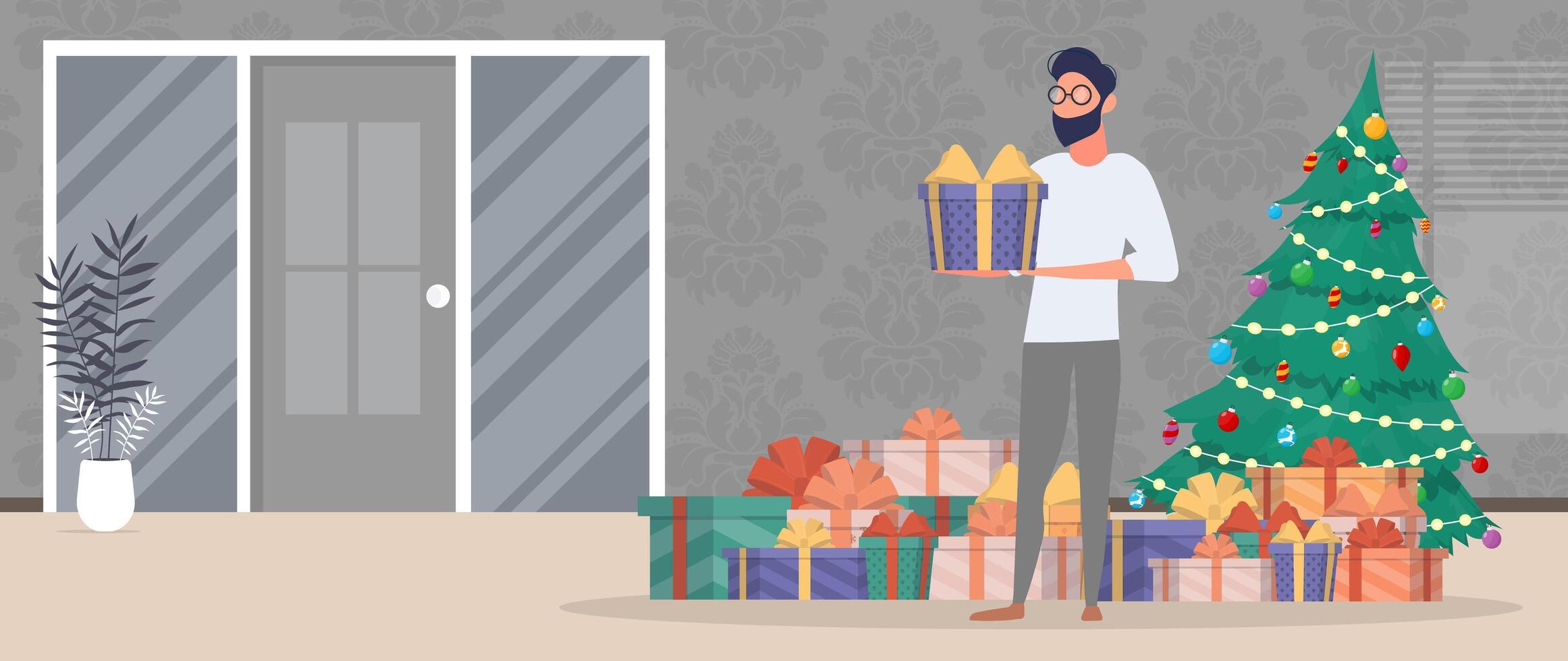 The guy is holding a gift in his hands. New Year tree, many gifts, man. New year concept. Vector. vector