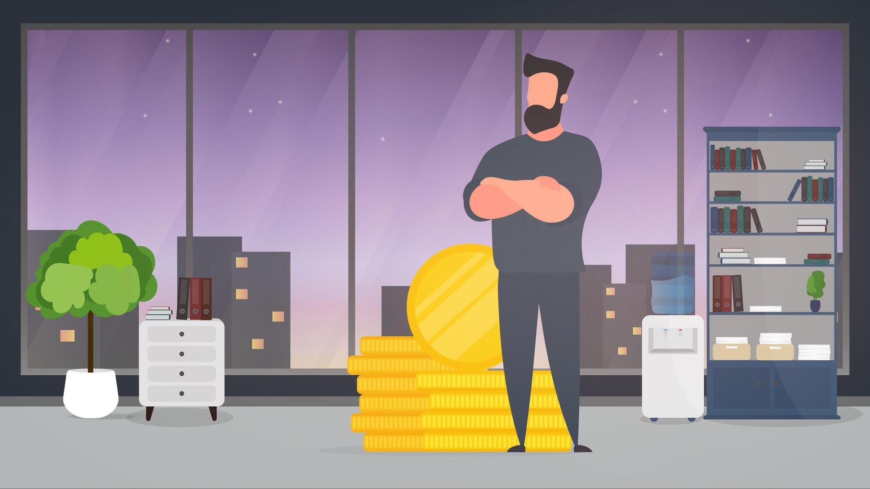 empresario y una montaña de dinero. un hombre se para cerca de monedas de oro y grandes billetes de un dólar. un paquete de dinero. el concepto de un negocio exitoso, ganancias y riqueza. vector. vector