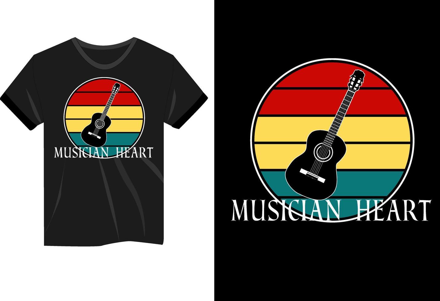 diseño de camiseta de maqueta vintage retro de corazón de músico de guitarra vector