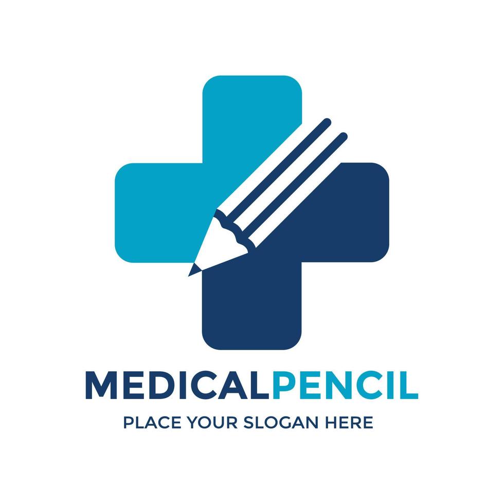 plantilla de logotipo de vector de aprendizaje médico. este diseño utiliza símbolo de cruz y lápiz. adecuado para la educación para la salud.