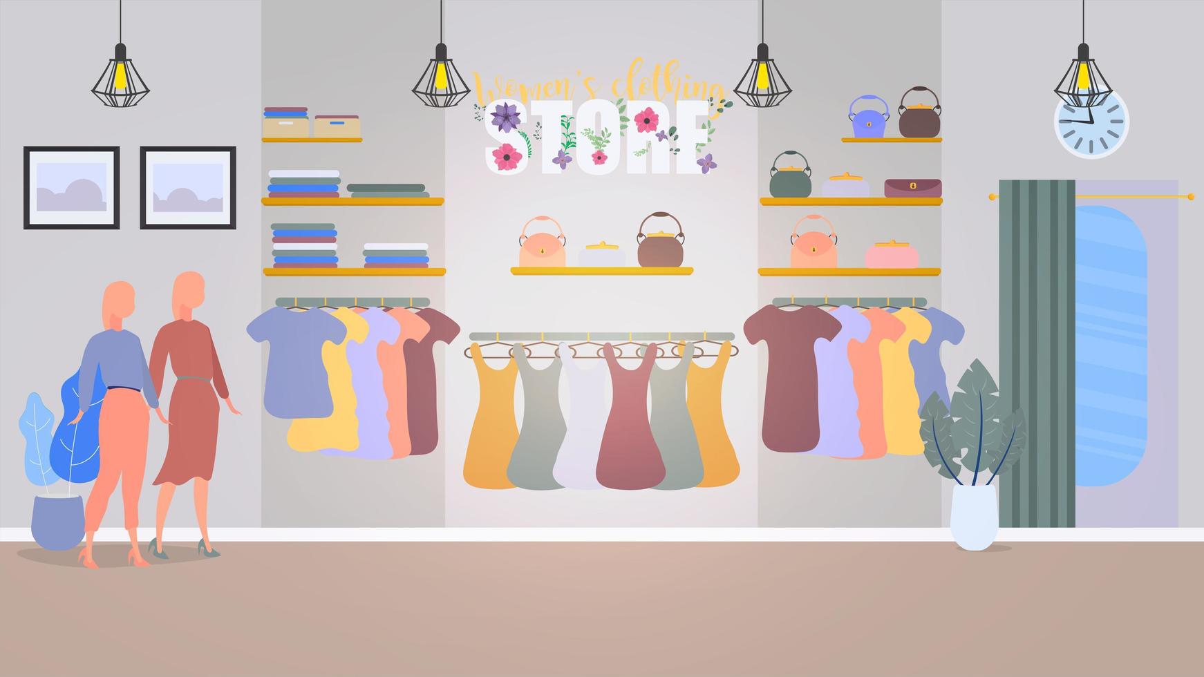 gran tienda de moda, supermercado, centro comercial de ropa de mujer. interior de una tienda femenina sin clientes. ilustración vectorial de estilo plano. vector