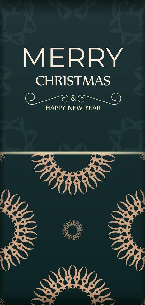 Festive flyer happy new year dark green color with winter yellow ornament vector