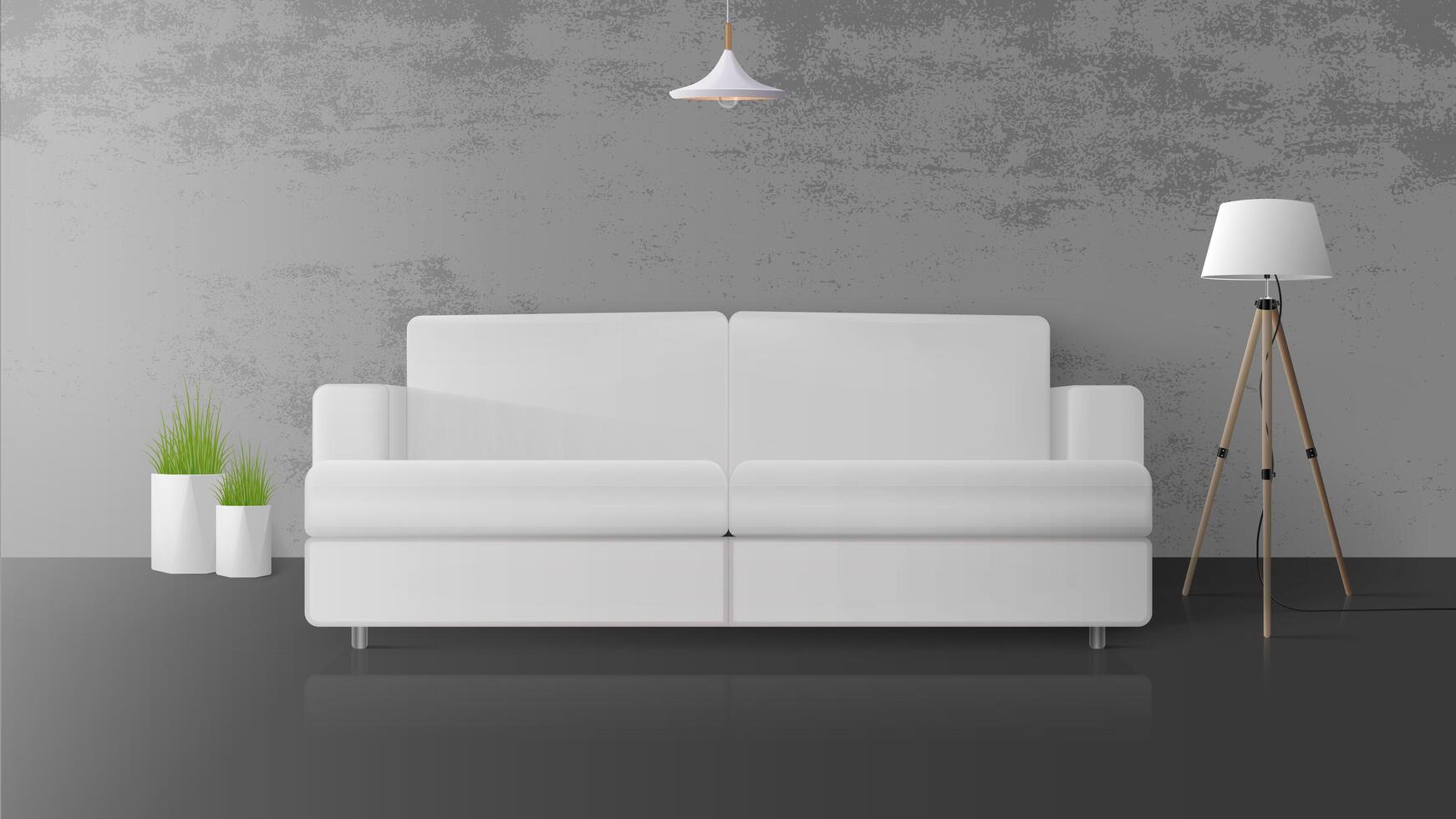 Modern loft style interior. Room with concrete walls. White sofa, floor lamp with white lampshade, pot of grass. Vector illustration