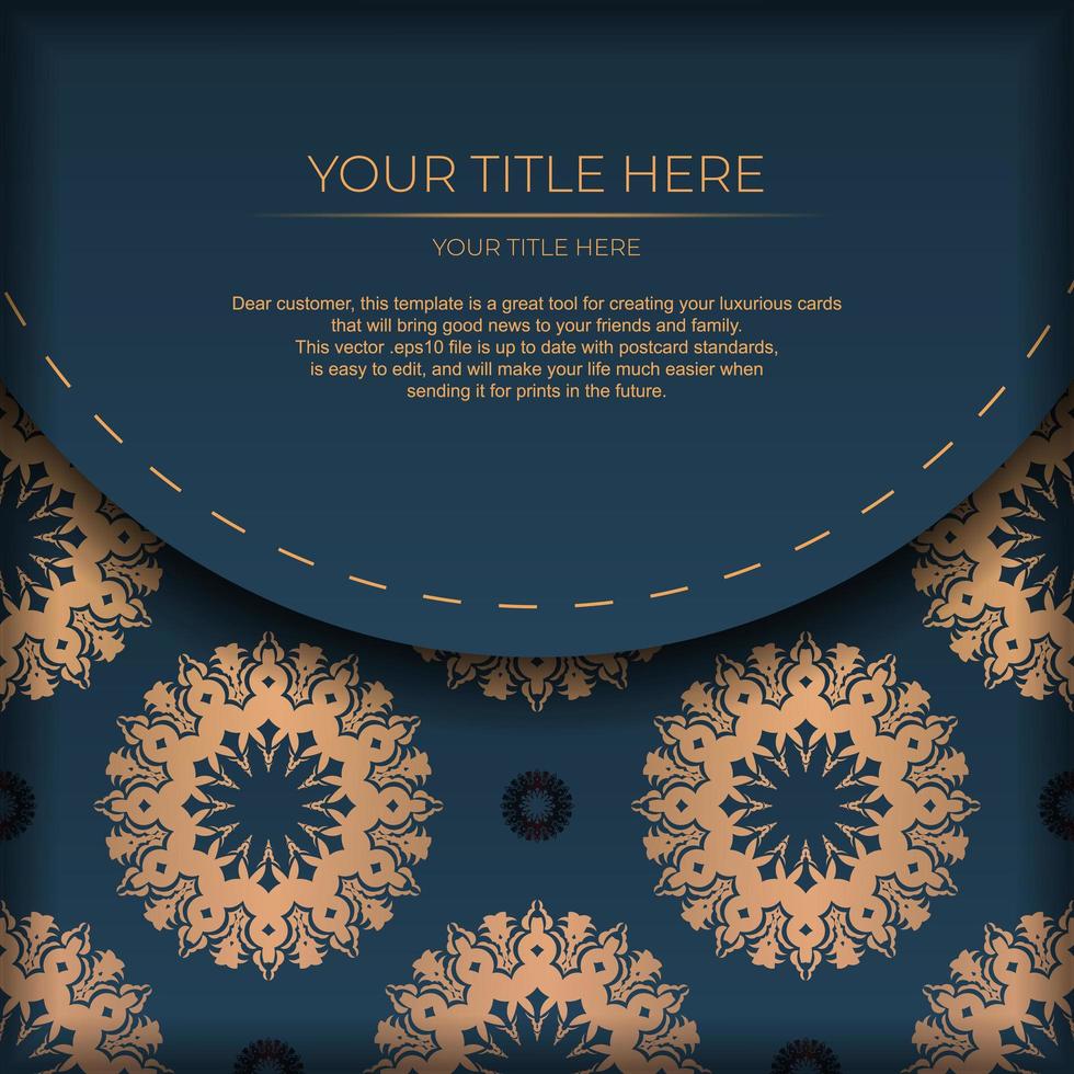 Dark blue postcard template with Indian mandala ornament. Elegant and classic elements ready for print and typography. Vector illustration.