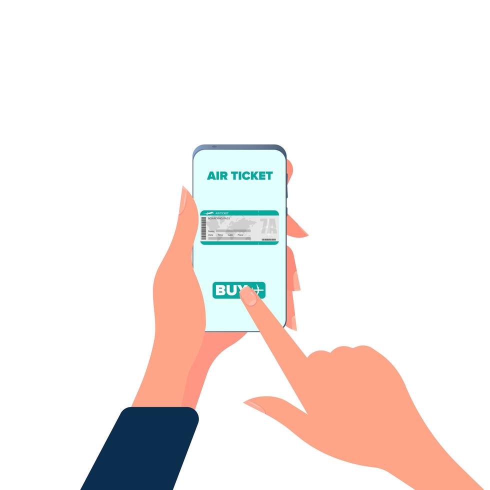 A girl buys a ticket through the phone. Online ticket purchase. Hands with a phone close-up. Isolated. Vector. vector