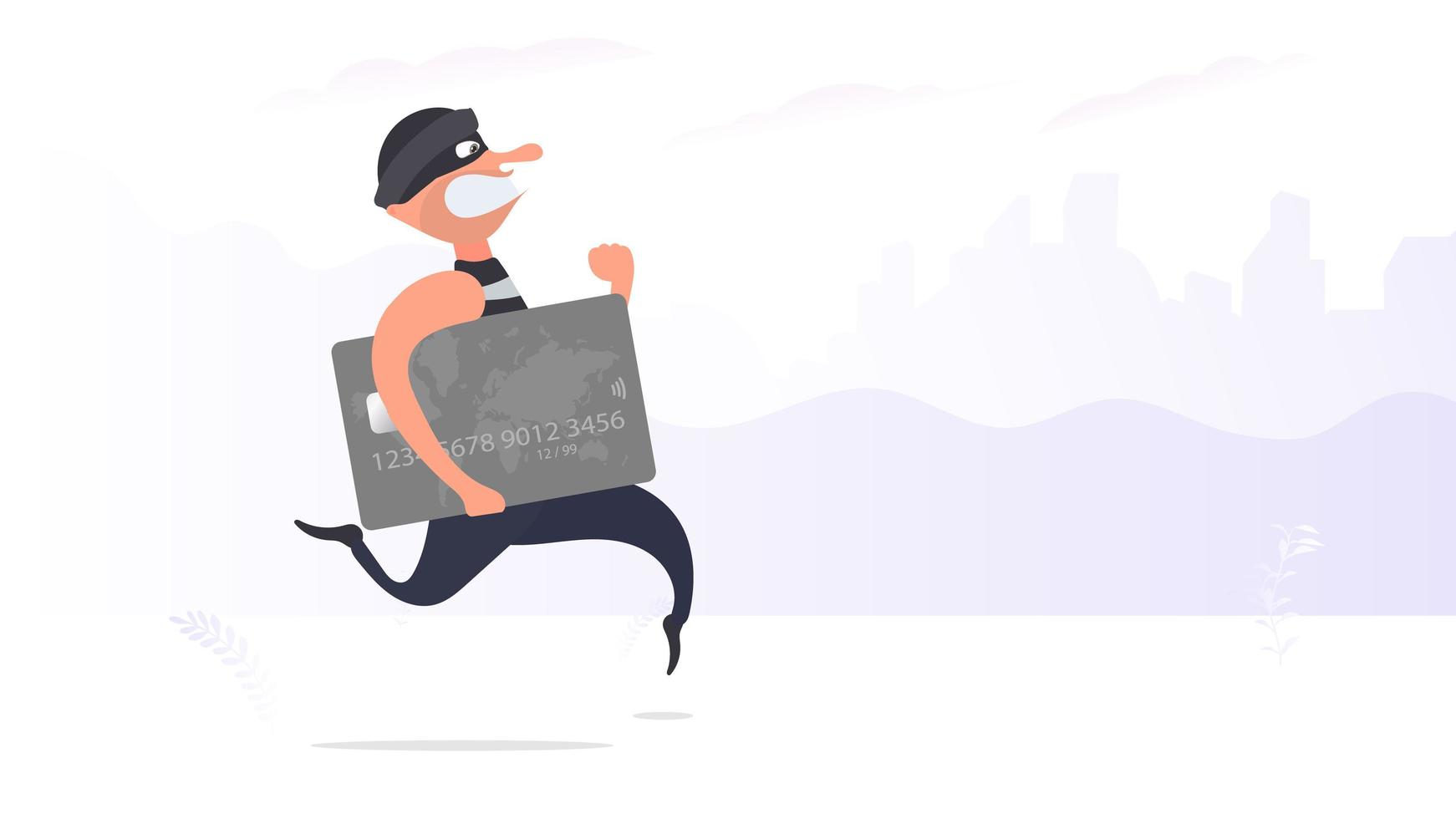 The robber runs away with a credit card. The criminal is running with a bank card. Cartoon style illustration. Good for security, robbery and fraud topics. Vector. vector
