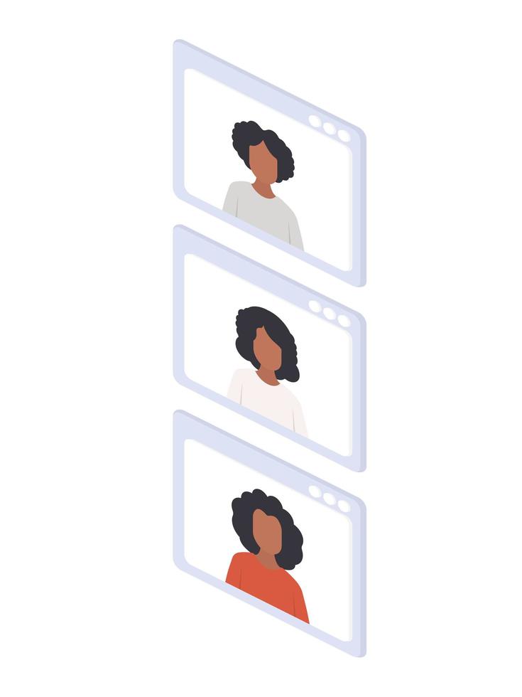 African woman in the chat window. The girl is leading an online conference. Isometry. Vector. vector