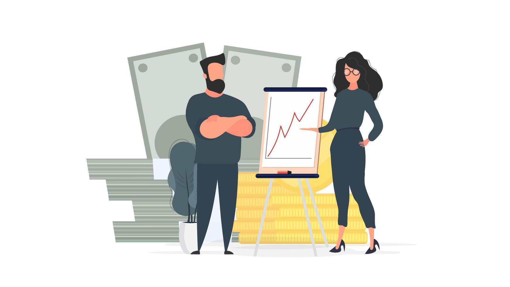 The girl shows a report to the boss. Presentation with positive dynamics. Board for paper. Infographics. Business growth. Isolated. Vector. vector
