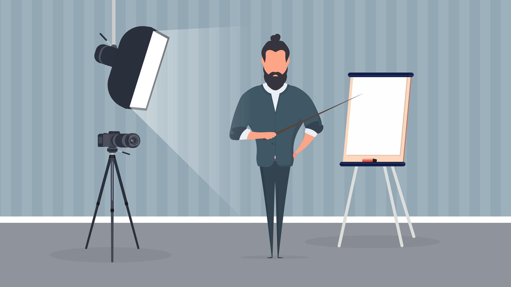 A man in a business suit with a tie is giving a presentation to the camera. The teacher is writing a lesson. The concept of blogging, online training and conferences. Camera on a tripod, softbox. vector