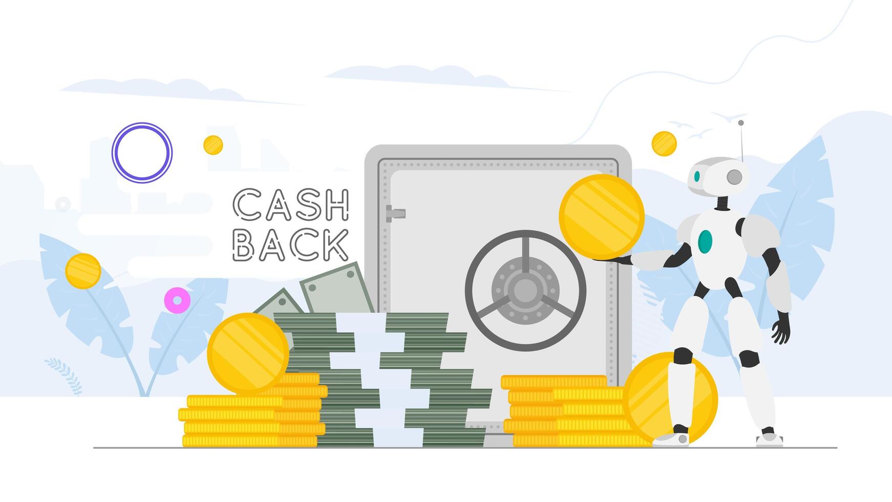 Cashback banner. The robot is holding money. Robot assistant with a gold coin in his hands. A mountain of money. Dollars, bundles of money, gold coins. Vector. vector