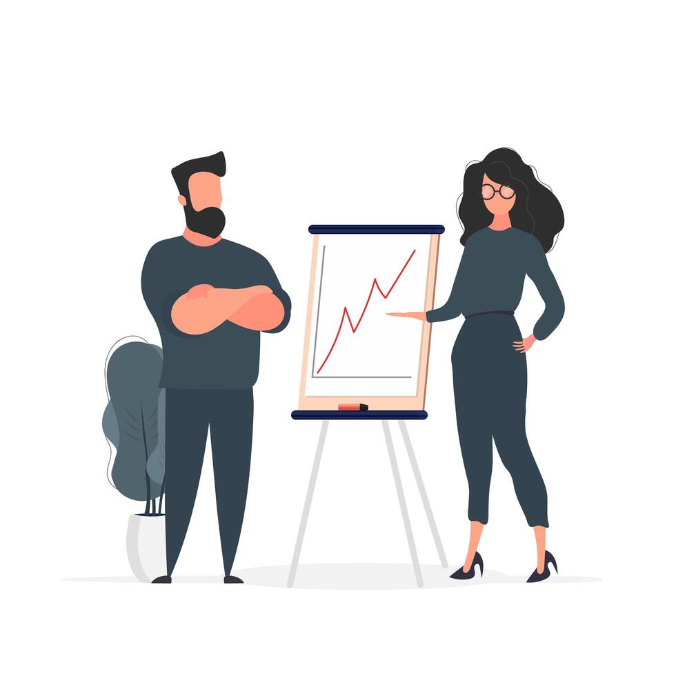 The girl shows a report to the boss. Presentation with positive dynamics. Board for paper. Infographics. Business growth. Isolated. Vector. vector