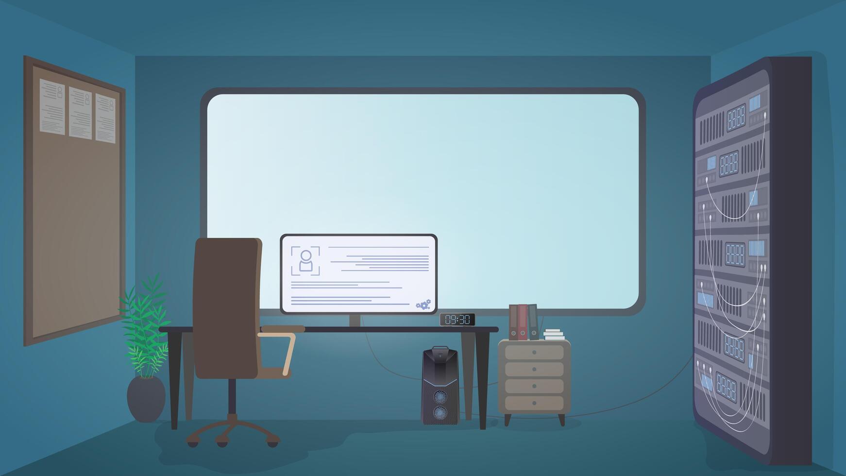 cuarto de Seguridad. computadora, monitor, mesa, silla, pantalla grande, servidor de datos. lugar de trabajo del servicio de seguridad. estilo de dibujos animados vector. vector