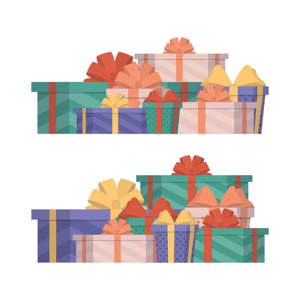 conjunto de regalos multicolores en un estilo plano. cajas de regalo. adecuado para diseños sobre el tema de año nuevo, cumpleaños o día de san valentín. aislado. vector. vector