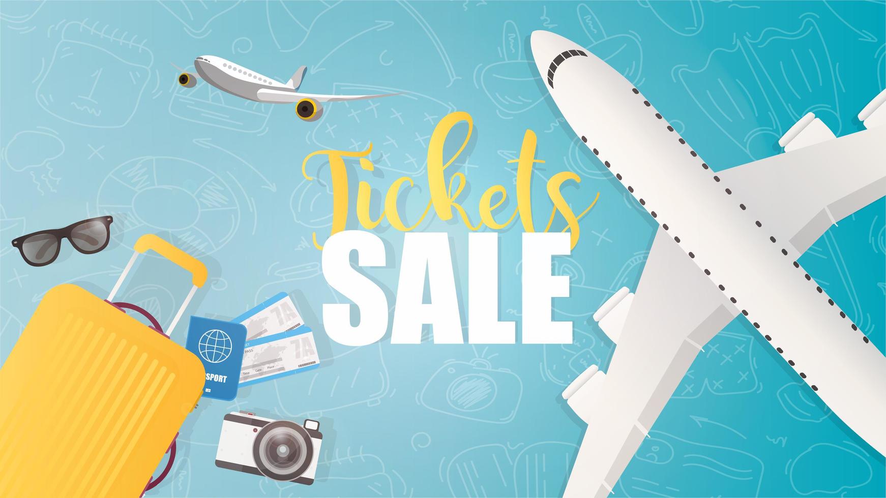 Ticket sale poster. Blue air ticket sale banner. Tickets, passport, world map, travel suitcase, top view. Vector illustration