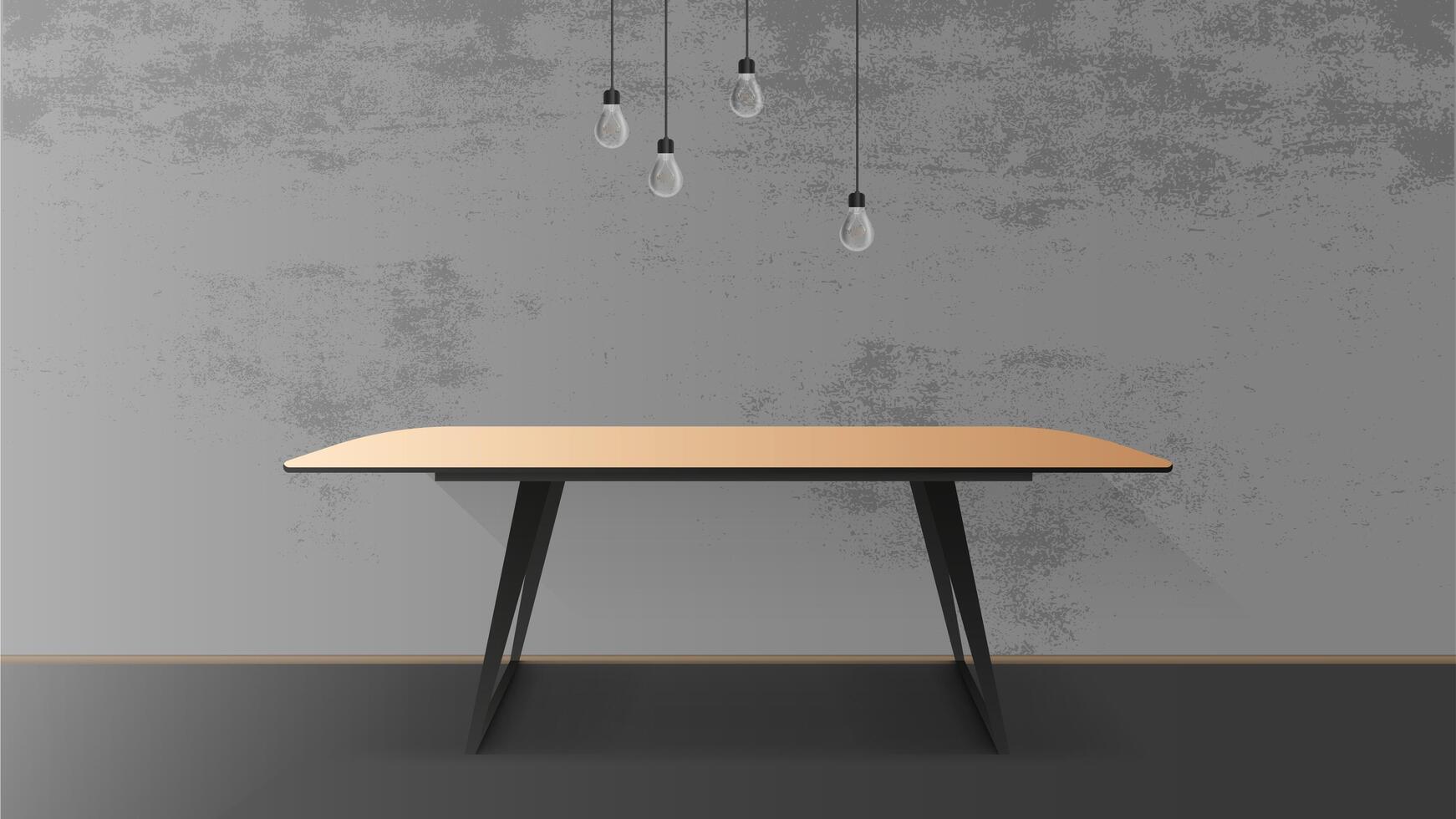 Wooden table with black metal base. Empty table, gray, concrete wall. Vector illustration