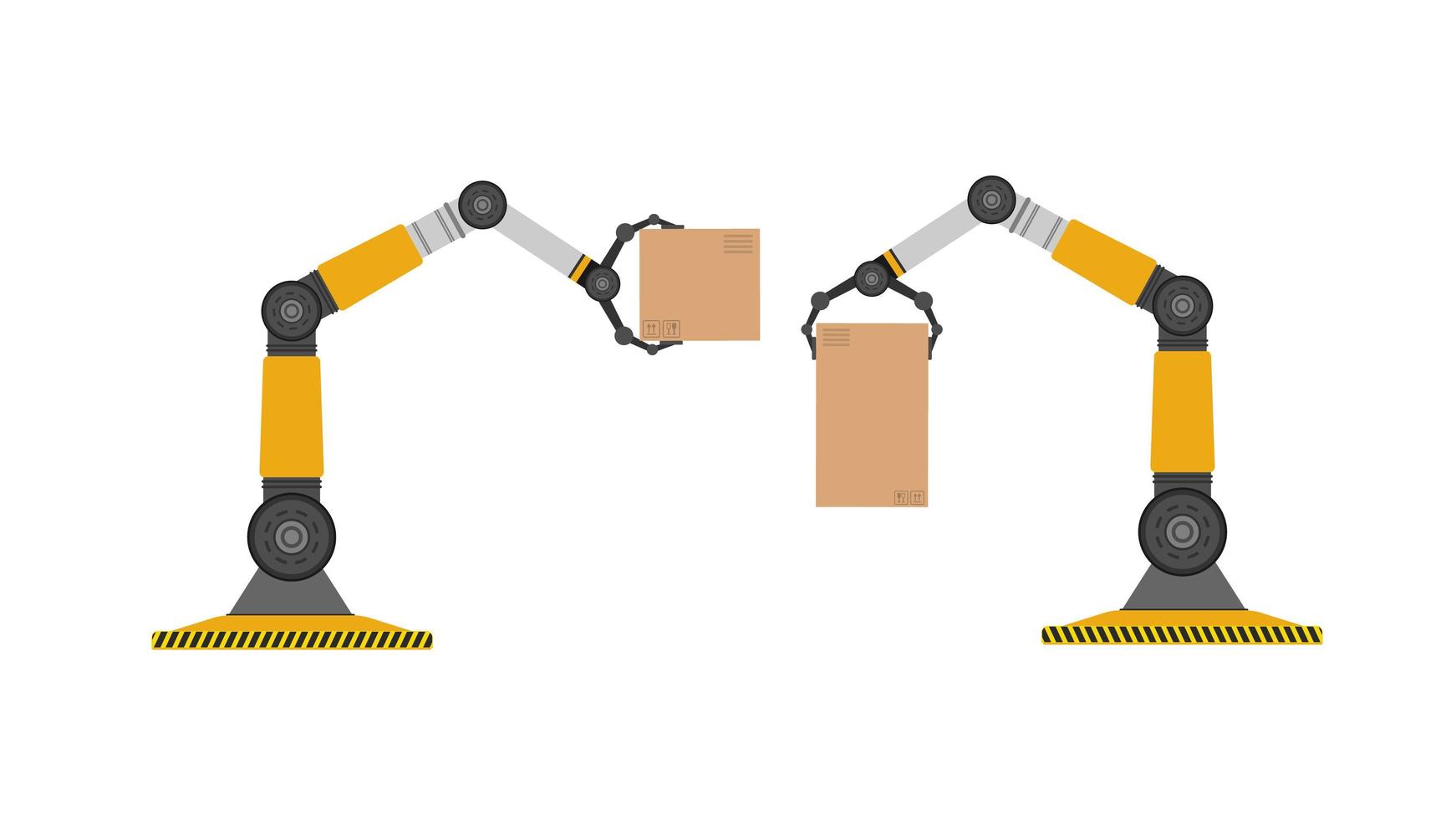 A mechanical robot holds a box. Industrial robotic arm lifts a load. Modern industrial technology. Appliances for manufacturing enterprises. Isolated. Vector. vector