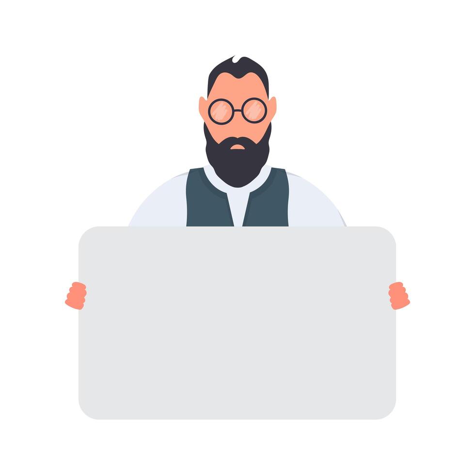 A man with a beard and glasses holding a blank sign vector
