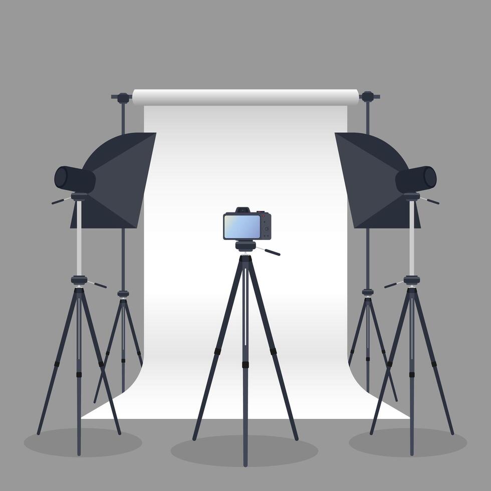 Photo Studio . Blank white canvas background on tripods. Camera on a tripod, softbox. Professional photo studio. vector