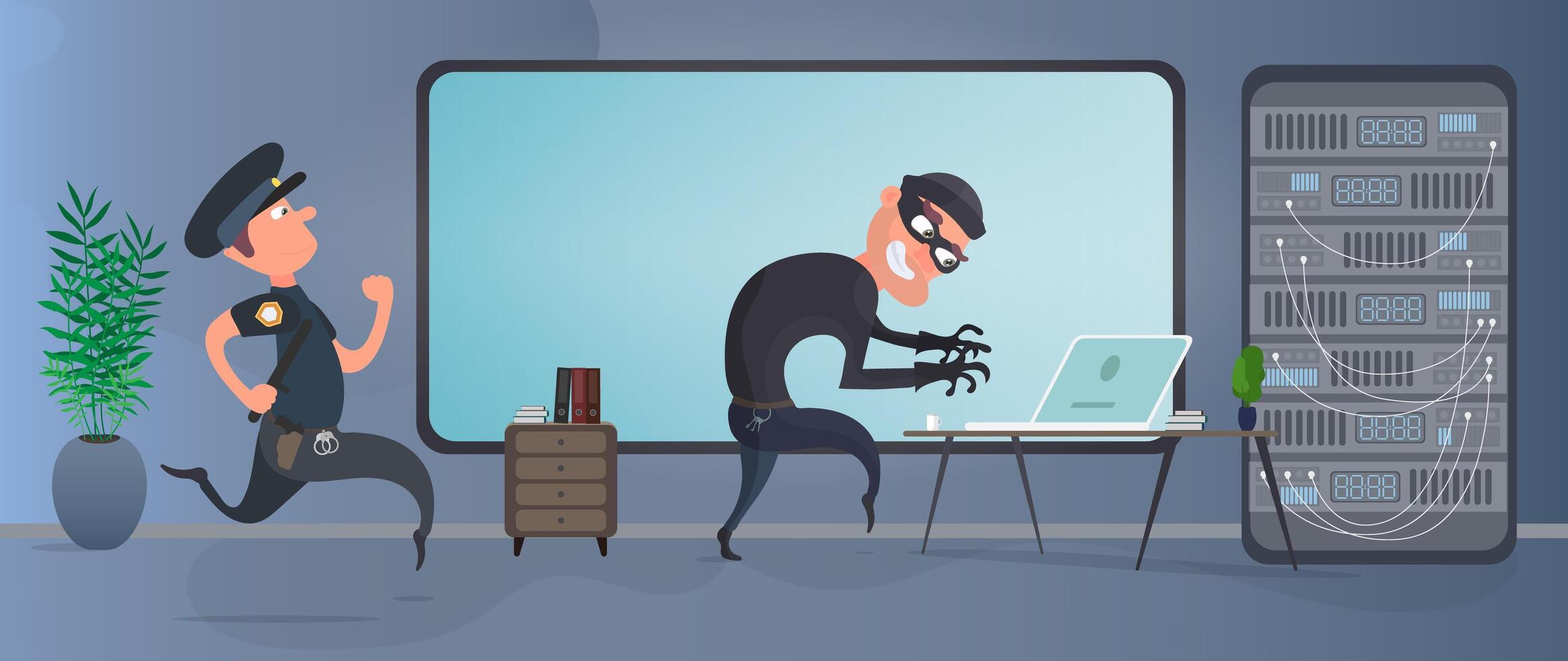 A policeman catches a robber. The thief stole a laptop. Burglar in the office. Laptop, server, office, office, security room. The concept of data theft, protecting premises from hacking. Cartoon style vector