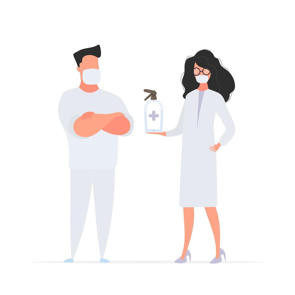 Man and Girl doctor. Medics in medical masks. Spray bottle. Sanitizer in a flat style. Vector. vector