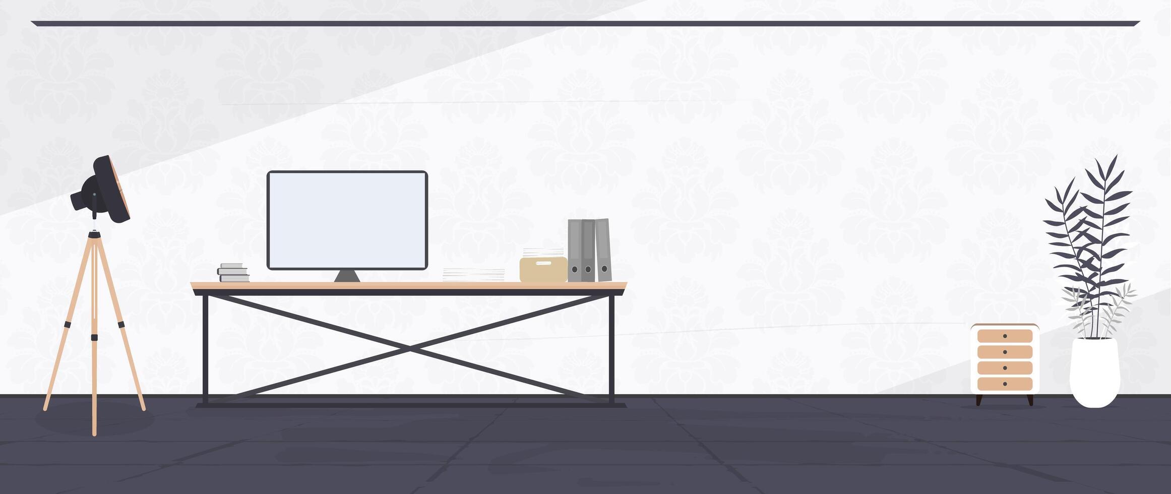 Loft style room. Bright room. Workplace. Table with laptop, books and documents. Flower in a pot, wooden cabinet, paintings. . vector