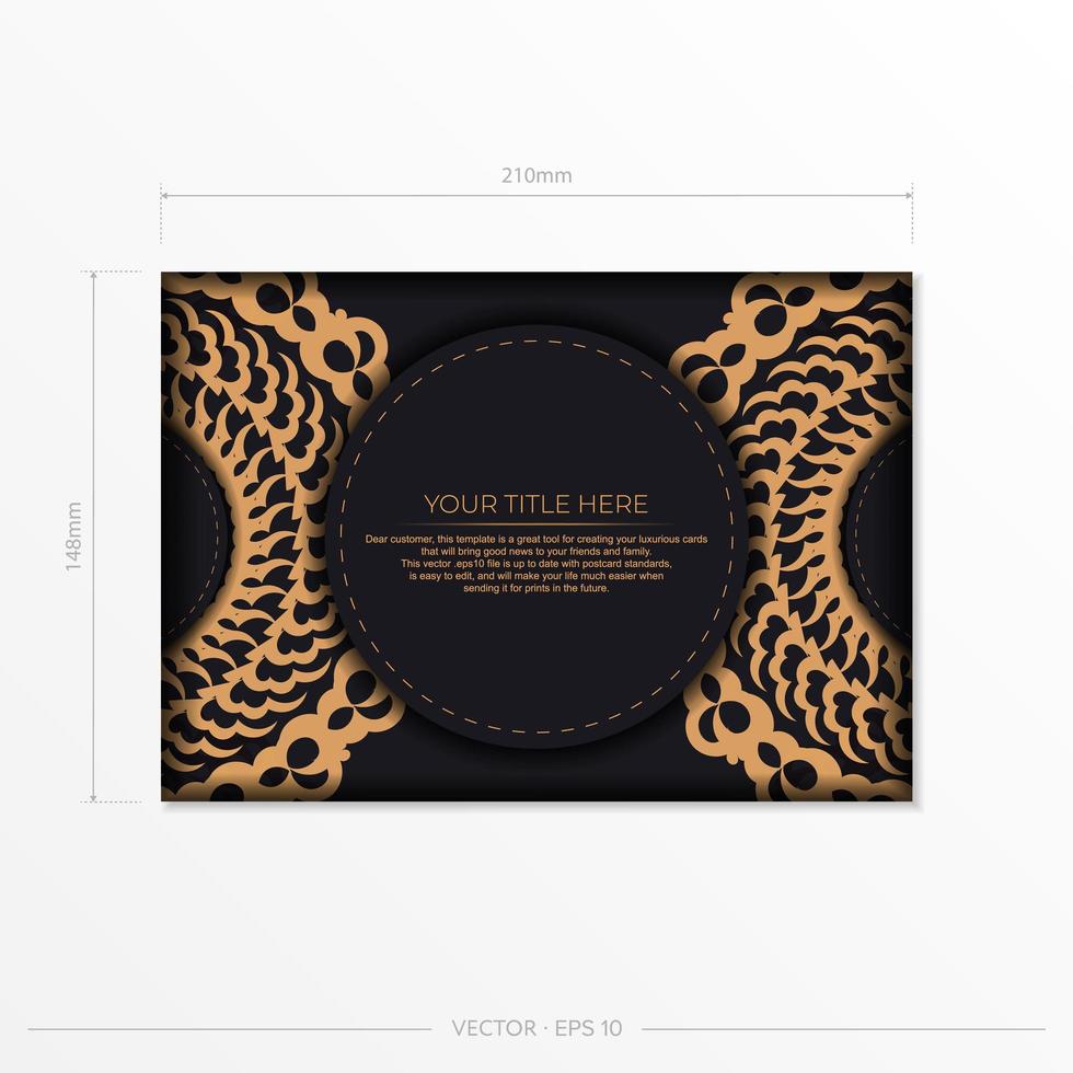 Dark black gold postcard template with white abstract ornament. Elegant and classic elements are great for decorating. Vector illustration.