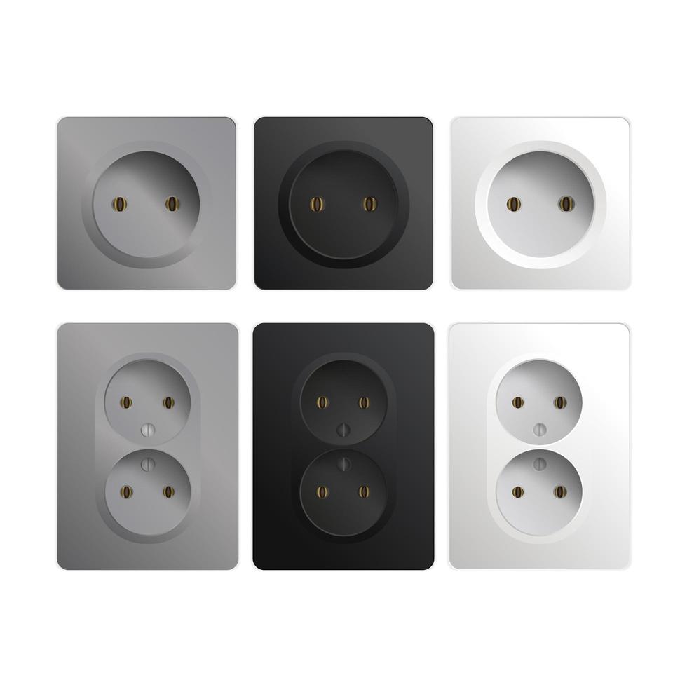 Set of sockets isolated on a white background. Realistic black, white and gray rosette. Vector illustration