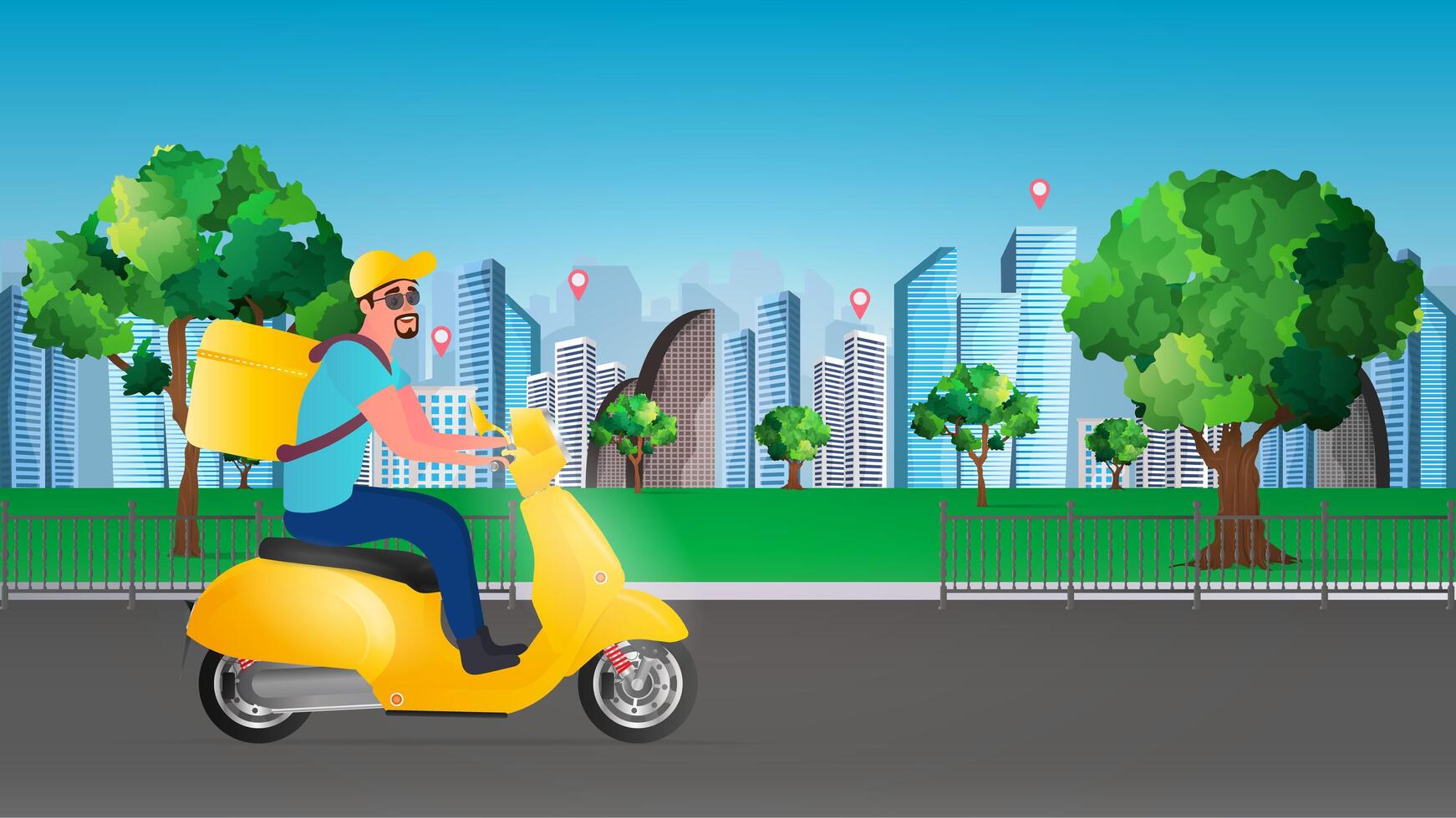 A man on a scooter with a bag on the back vector
