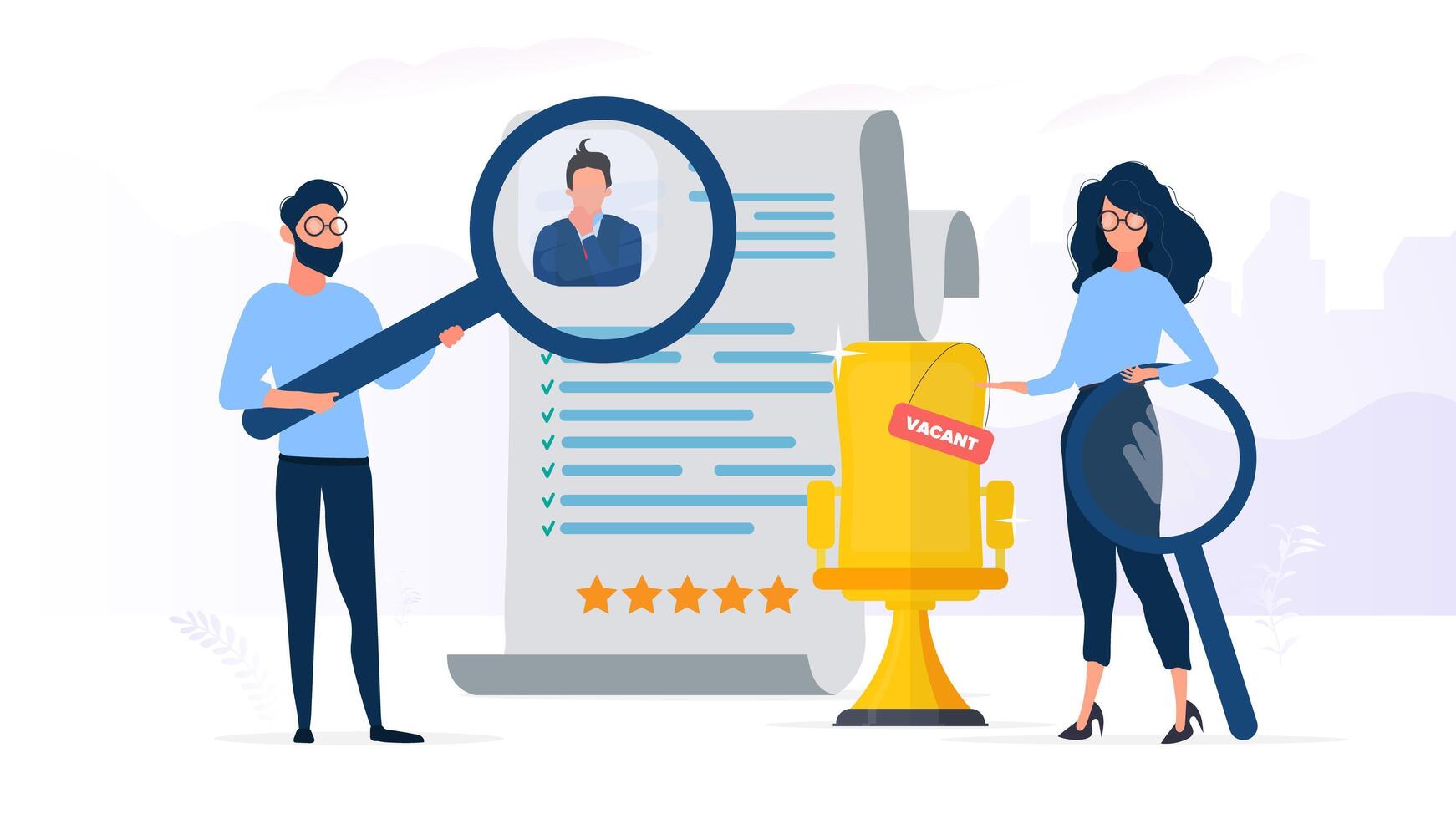 Free place. The guy under the magnifying glass reviews the resume. Girl shows on a vacant place. The concept of finding people for work. vector