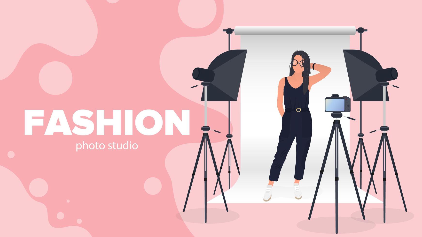 Fashion photo studio banner. Girl posing to the camera. White canvas background on tripods. Camera on a tripod, softbox. Professional photo studio. Vector. vector