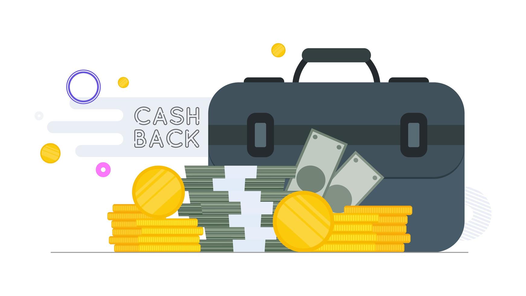 Cashback concept. Large suitcase. Dollars, bundles of money, gold coins. The concept of successful business, earnings and wealth. Vector. vector