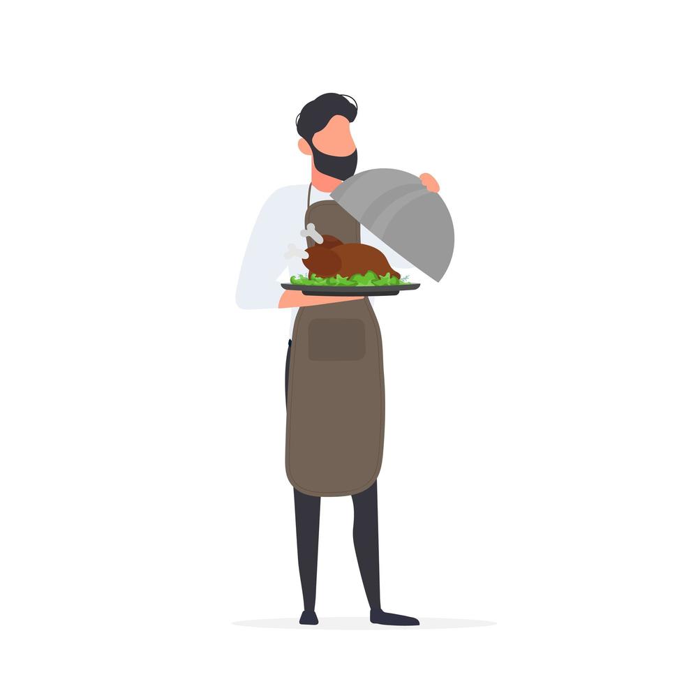 el cocinero sostiene un plato de metal con tapa. camarero con espaciado. aislado. vector. vector
