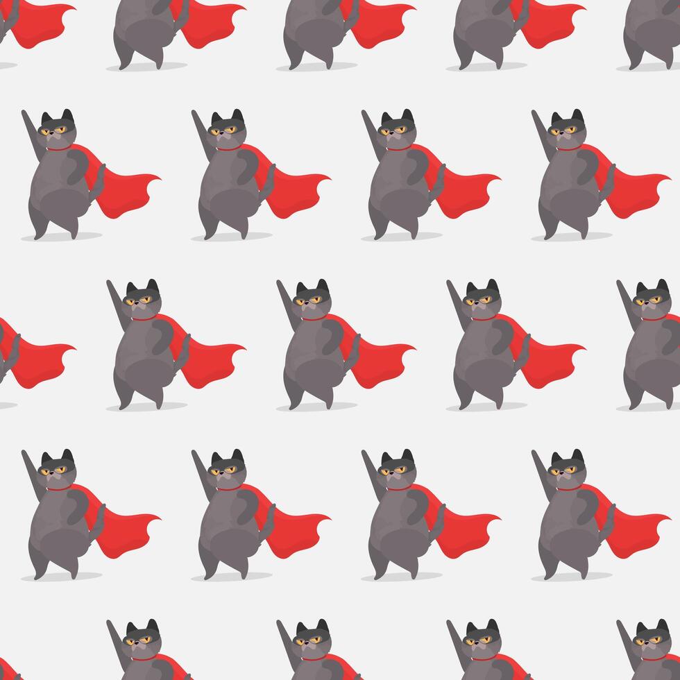 Seamless pattern Super cat in a mask and with a red cloak. Funny cat is a superhero with a serious look. vector