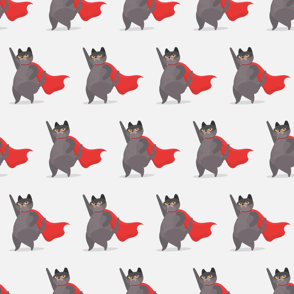 Seamless pattern Super cat in a mask and with a red cloak. Funny cat is a superhero with a serious look. vector