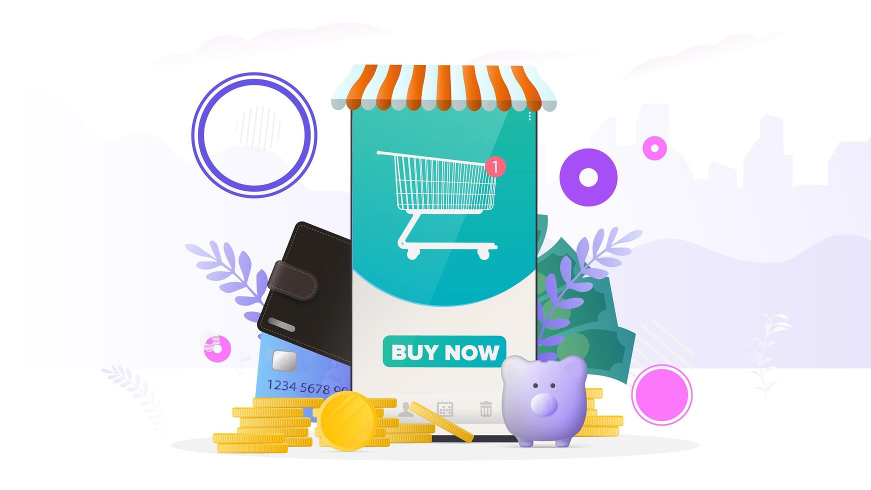 Phone with online store application. Buy button. Shopping basket, new order. Online shopping and payment concept. Vector. vector