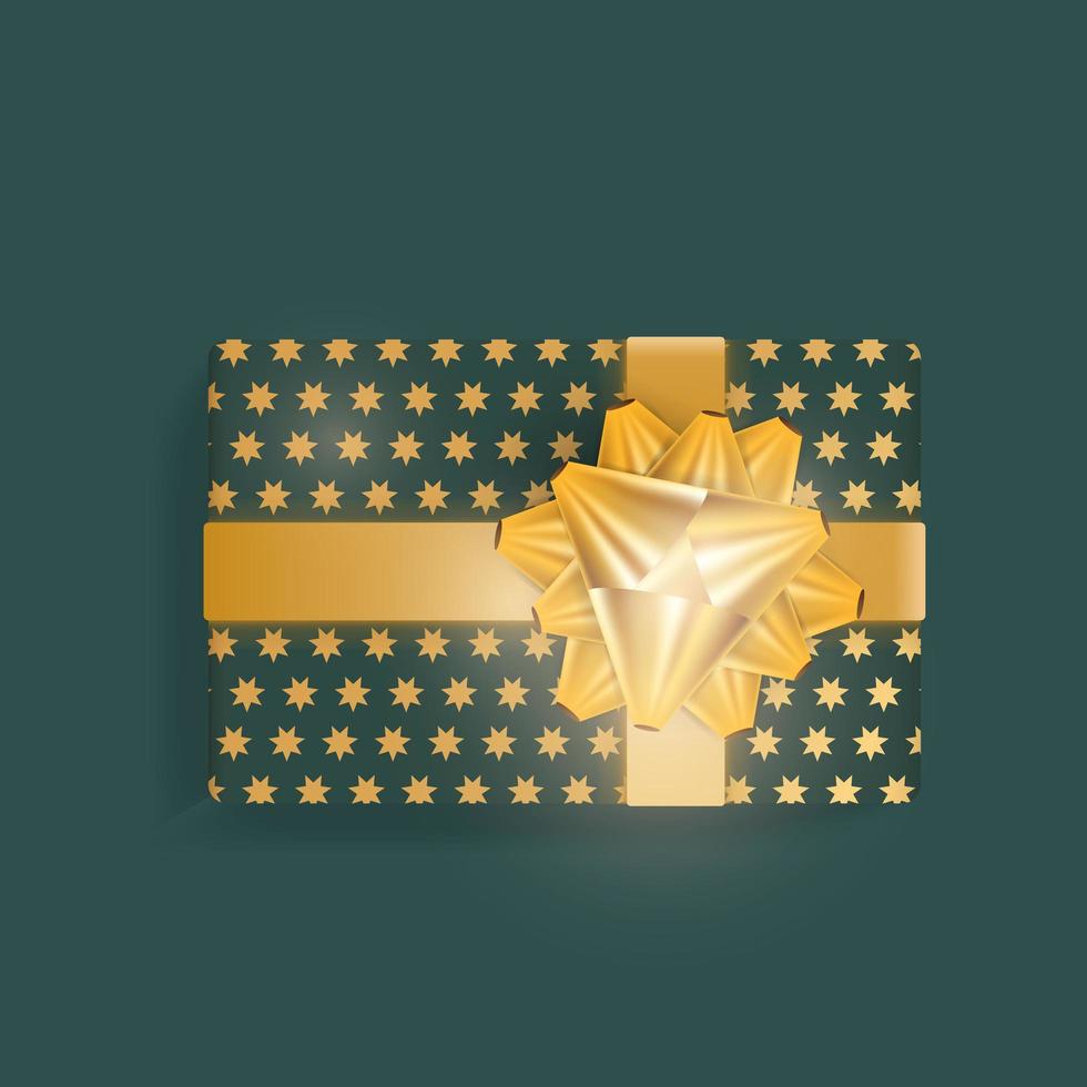 Realistic green gift box with gold stars, gold ribbons and bow. Vector illustration.