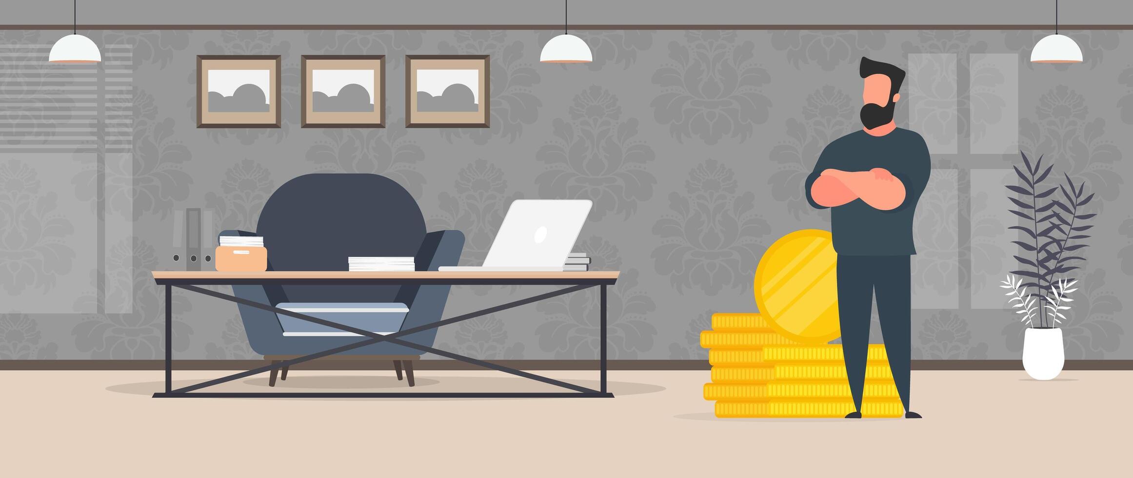 The director is in the office. Businessman in the office. Loft-style room. Bright room. Workplace. Table with laptop, books and documents. Flower in a pot, wooden cabinet. Vector. vector