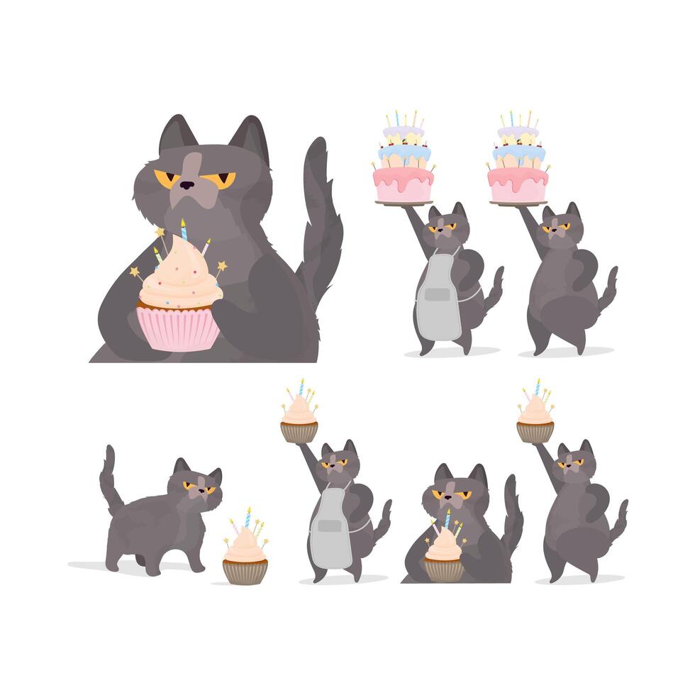 A set of funny cats that holds a festive cupcake. Sweets with cream, muffin, festive dessert, confectionery. Good for cards, t-shirts and stickers. Vector flat style.