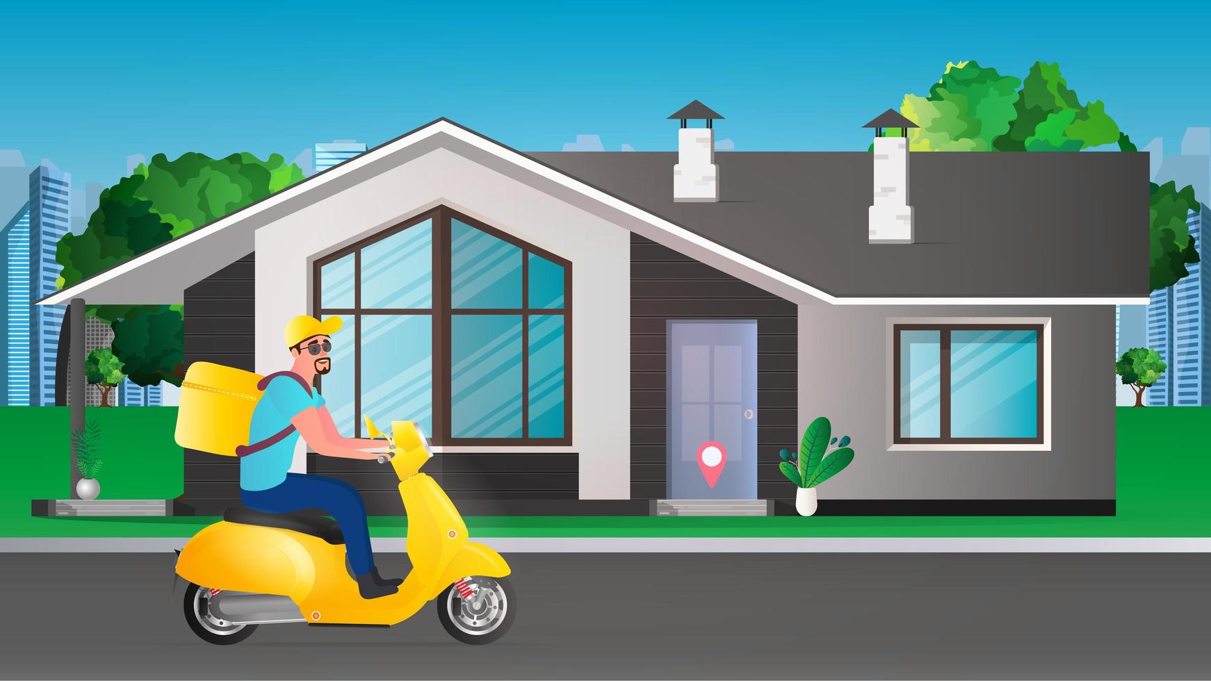 repartidor de comida montando una moto. comida a domicilio. ilustración vectorial vector