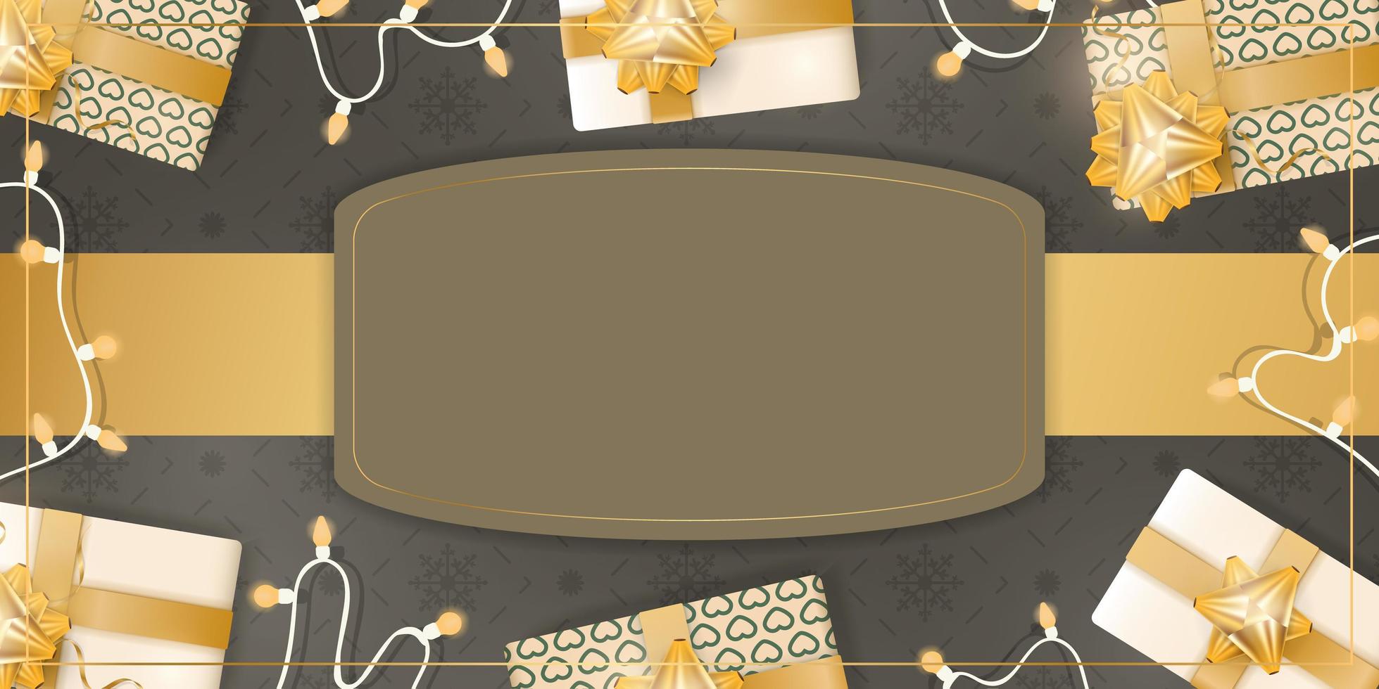Brown banner with space for text. Background with gifts, garlands and light bulbs. Vector illustration.