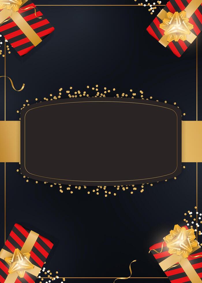 Christmas background with gold and red gifts on black background vector