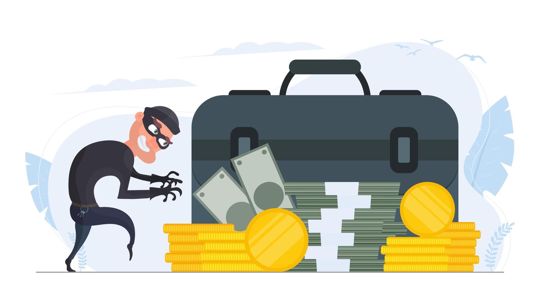 The robber steals money. The criminal steals gold coins. Robbery and finance security concept. Flat style, vector. vector
