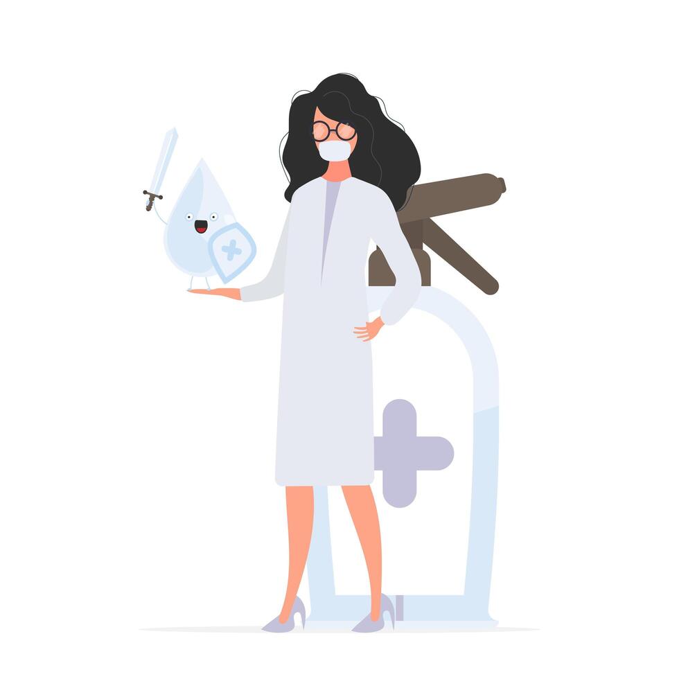 Girl doctor holds a sanitizer in her hands. Medical woman in a white coat. A drop with a sword and shield surrounded by virus molecules. Disinfectant in flat style. vector